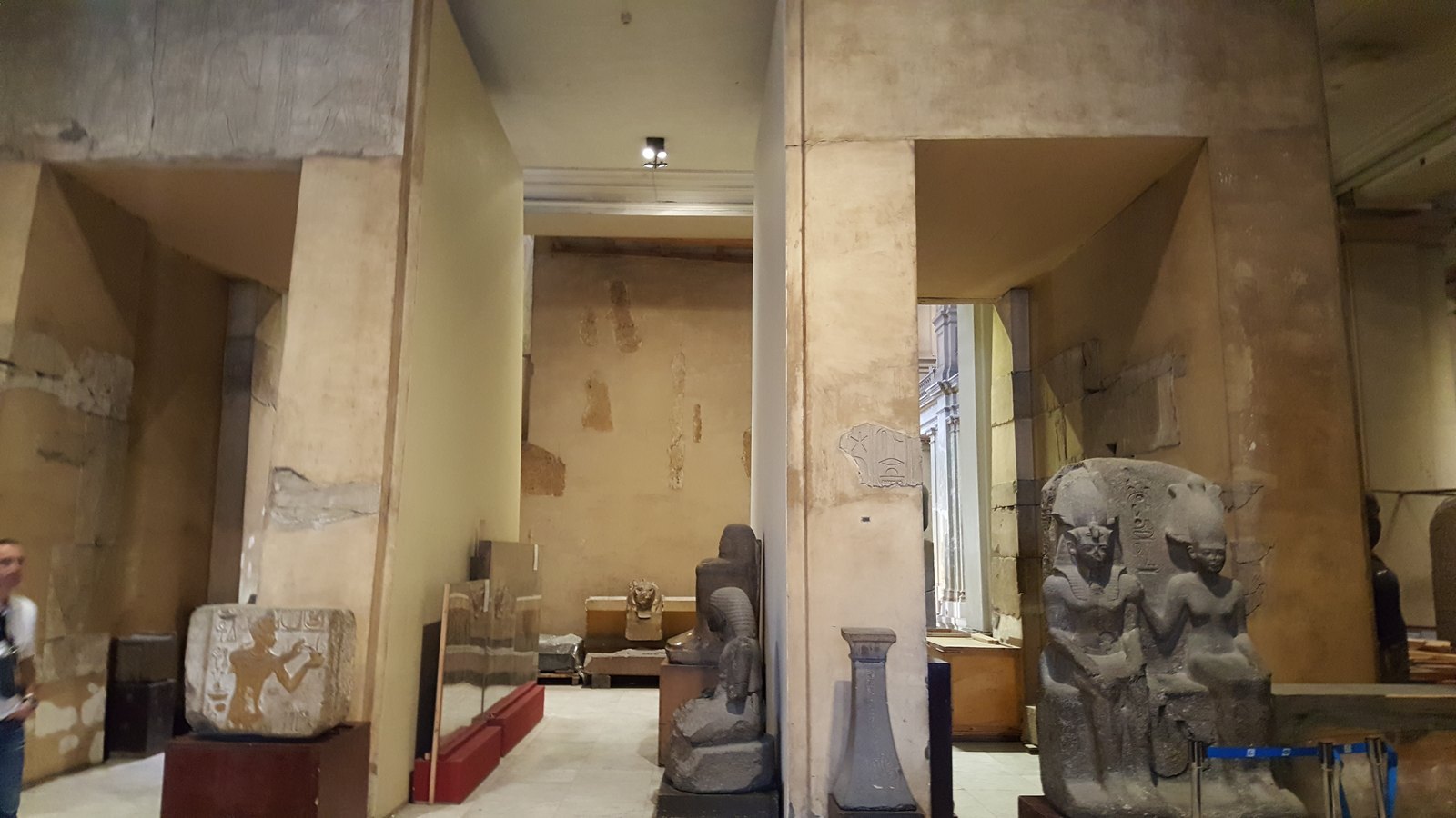 Ancient Egyptian objects displayed in a case at the Egyptian Museum in Cairo