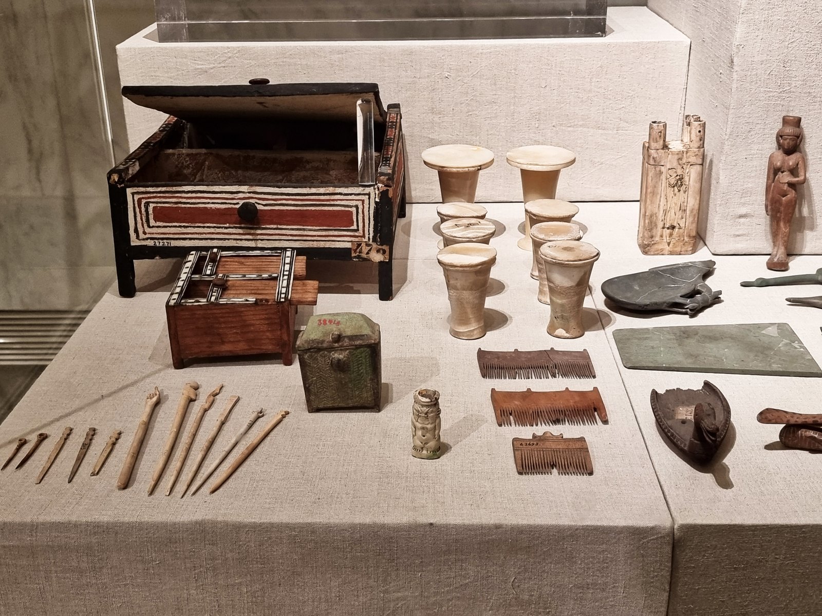Ancient Egyptian cosmetic objects displayed at the National Museum of Egyptian Civilization